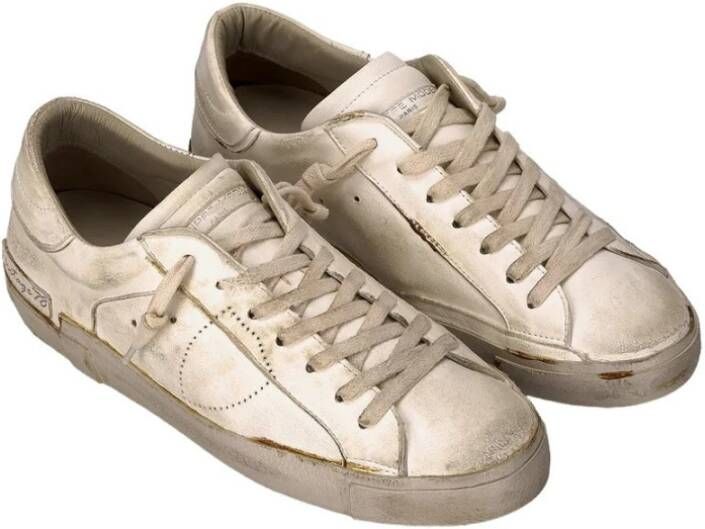 Philippe Model Witte Leren Sneakers Vintage Stijl Beige Heren