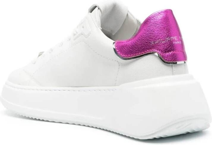 Philippe Model Witte Leren Temple Sneakers met Fuchsia Metallic Details Wit Dames