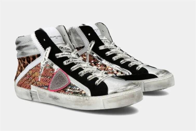 Philippe Model Zilver Leren Paillet Sneakers Gray Dames