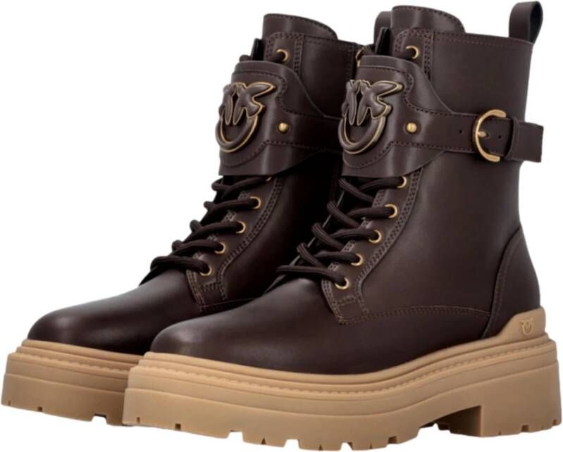 pinko Leren enkellaarsjes met logoriem Brown Dames