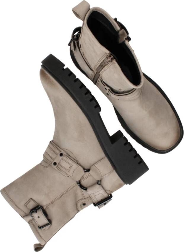 Poelman Taupe Leren Bikerboot met Gespen Gray Dames