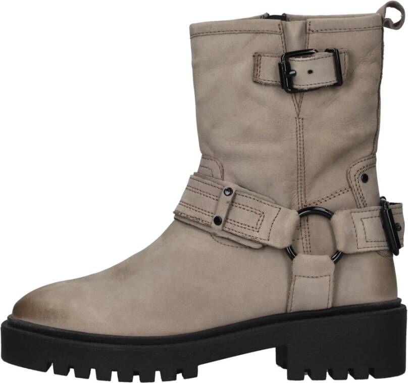Poelman Taupe Leren Bikerboot met Gespen Gray Dames