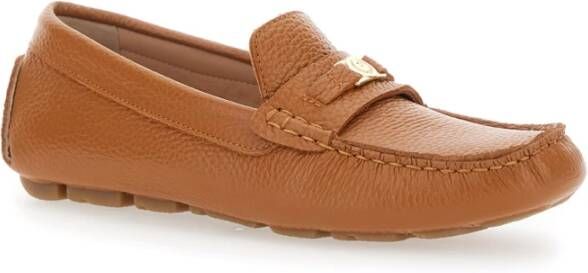 Pollini Bruine leren loafers met logoplaquette Brown Dames