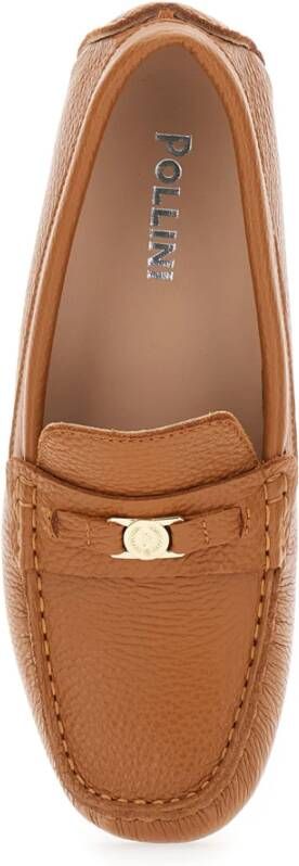 Pollini Bruine leren loafers met logoplaquette Brown Dames