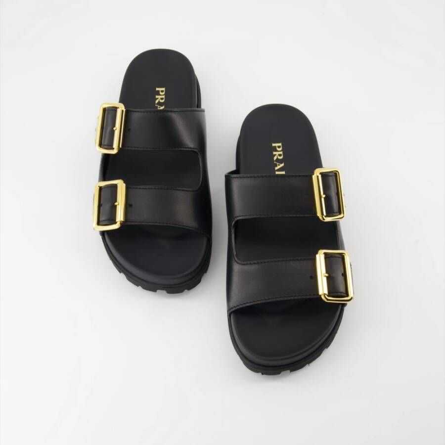 Prada Leren Slippers Black Dames