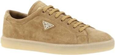 Prada Logo Plaque Suède Sneakers Platte Zool Brown Heren