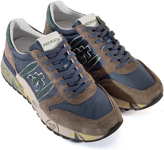 Premiata Blauwe Suède en Nylon Sneakers met Groene Leren Hak Blauw Heren