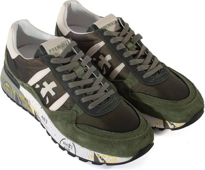 Premiata Groene Suède en Nylon Sneakers met Lotus Print Groen Heren