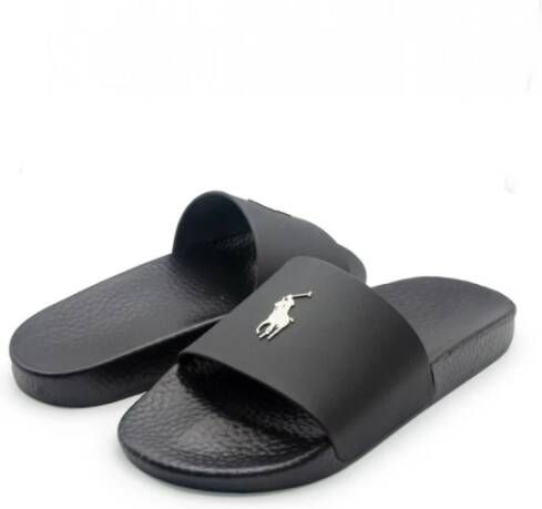 Ralph Lauren Zwarte en Witte Polo Slide Sandalen Black Heren