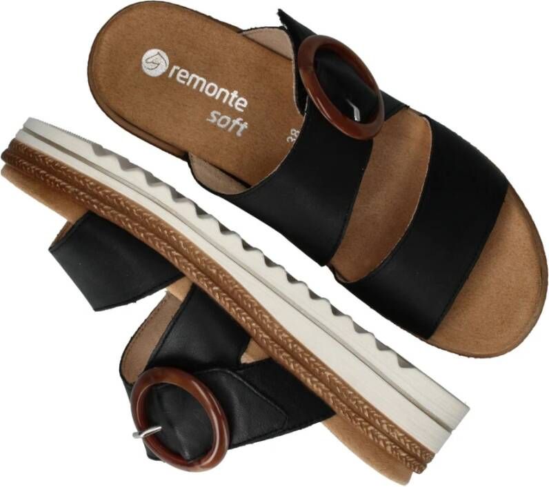 Remonte Zwarte Leren Sleehak Sandalen met Gesp Black Dames