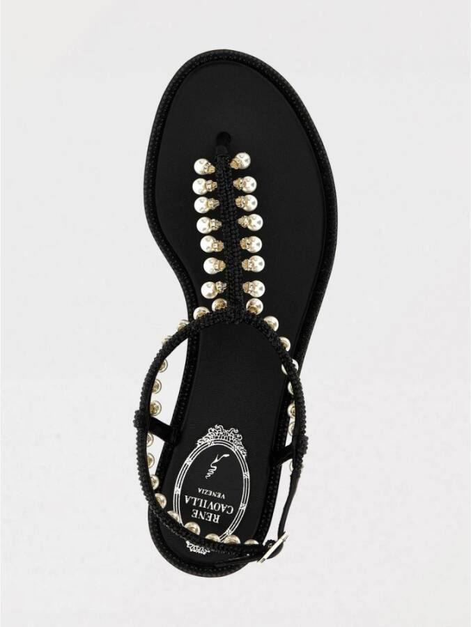 René Caovilla Zwarte Platte Sandalen met Versierde Bandjes