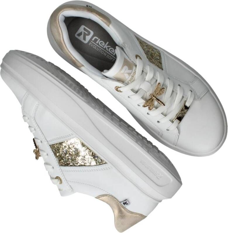 Rieker Witte leren sneakers met gouden libelledetail White Dames