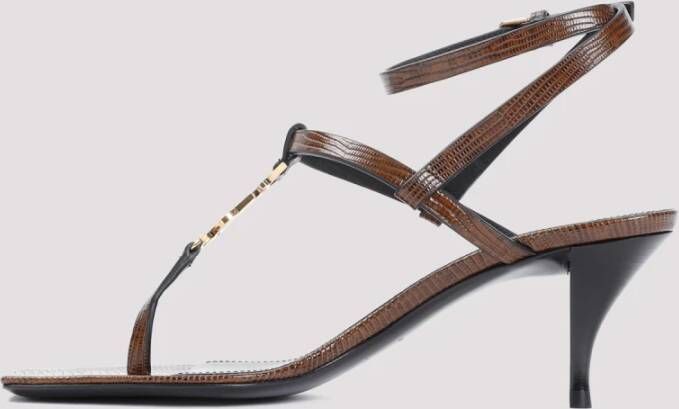 Saint Laurent Bruine leren sandalen met metalen logo Brown Dames