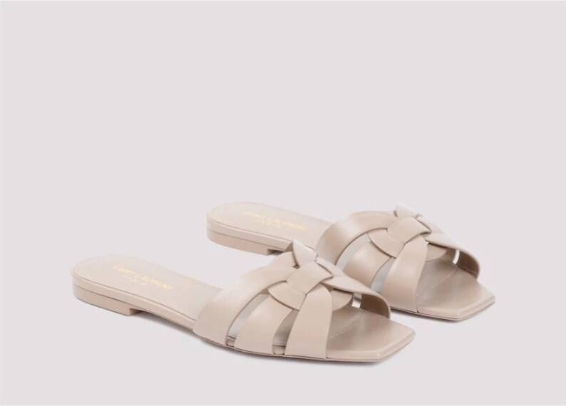 Saint Laurent Donker Beige Leren Slide Sandaal Beige Dames
