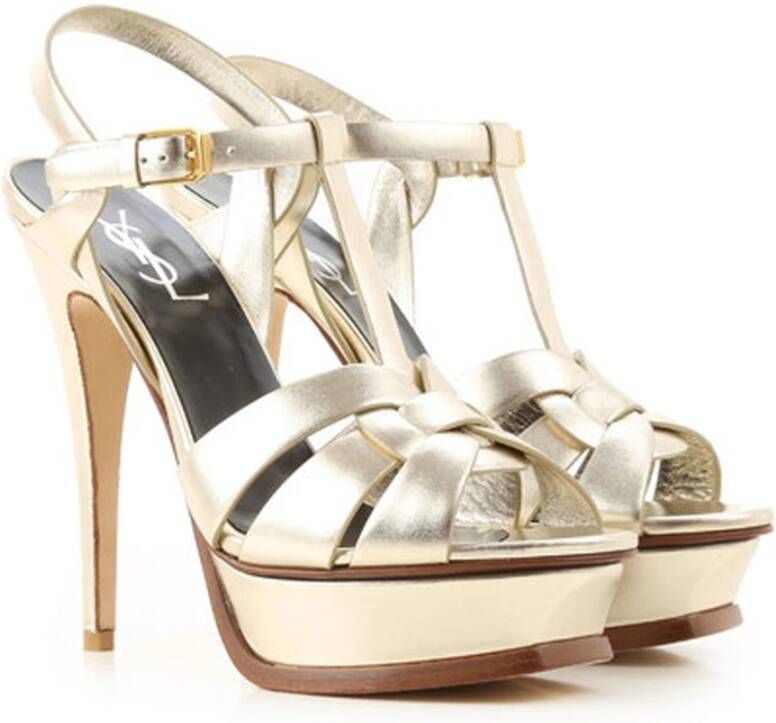 Saint Laurent Gouden Leren Sandalen Open Teen Hakken Yellow Dames