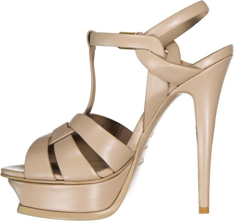 Saint Laurent Leren Enkelband Platform Sandalen Beige Dames