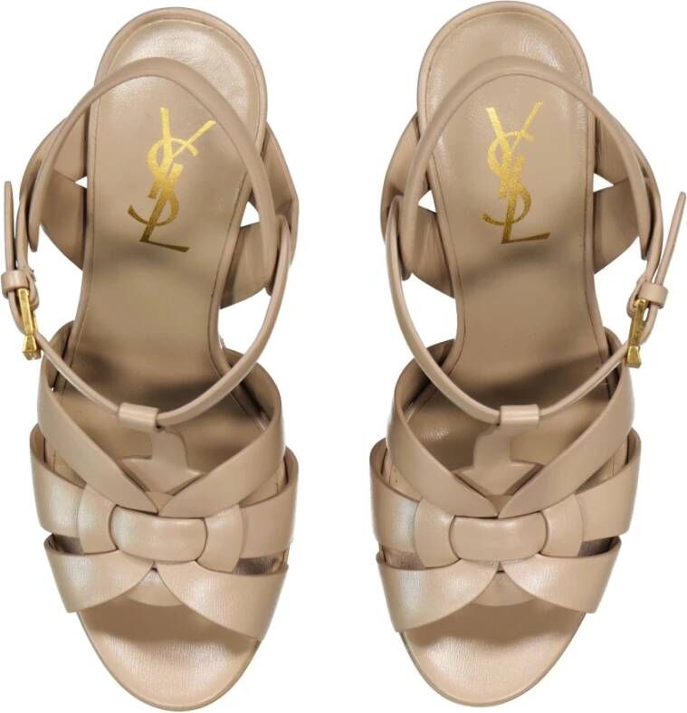 Saint Laurent Leren Enkelband Platform Sandalen Beige Dames