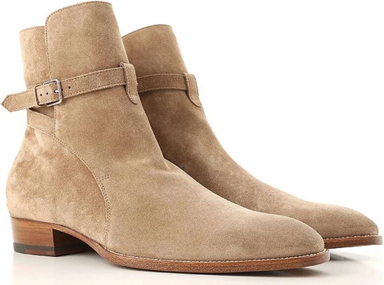 Saint Laurent Leren Jodhpur laarzen met gespsluiting Beige Dames