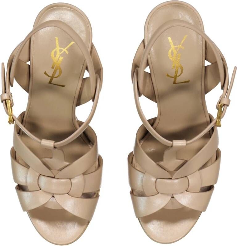 Saint Laurent Verhoog je stijl met leren sandalen met hoge hakken Beige Dames