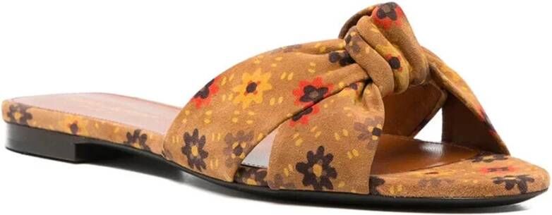 Saint Laurent Leren Sliders met Bloemenprint Bruin Dames