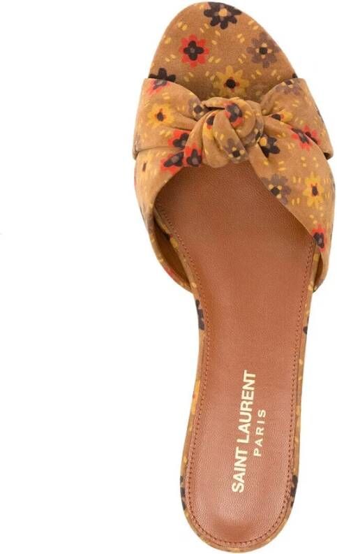 Saint Laurent Leren Sliders met Bloemenprint Bruin Dames