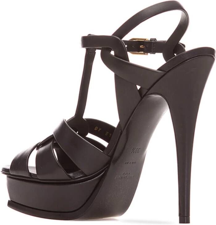Saint Laurent Zwarte Leren Plateau Sandalen Black Dames