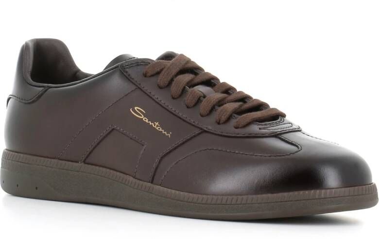 Santoni Bruine Leren Sneaker Ambachtelijk Gemaakt Brown Heren