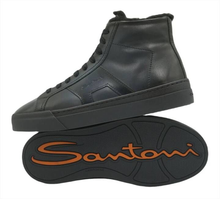 Santoni Hoge Bont Dubbele Gesp Leren Sneaker Kleur: Marine Maat: 8.5 43.5 Blauw Heren