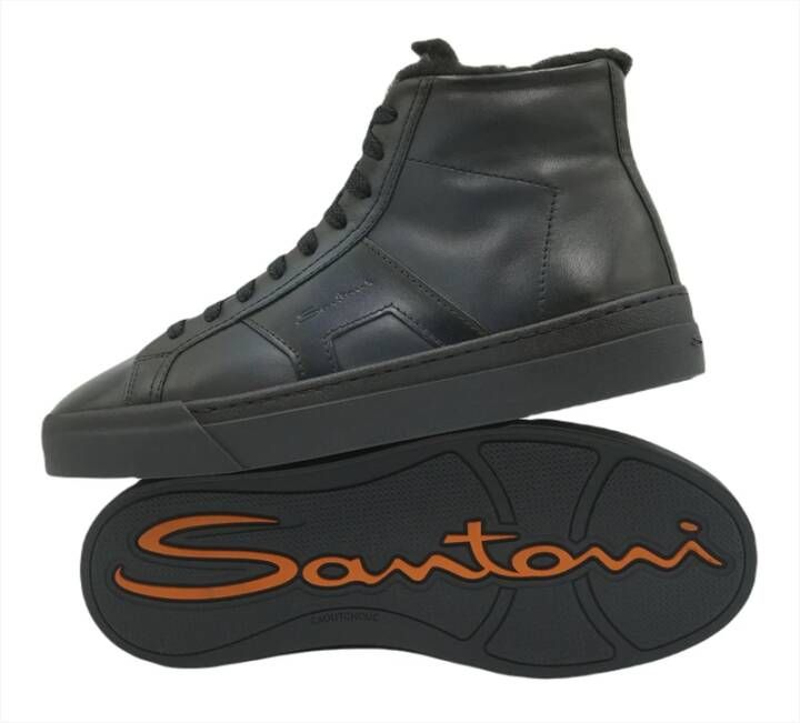 Santoni Hoge Bont Dubbele Gesp Leren Sneaker Kleur: Marine Maat: 8.5 43.5 Blauw Heren