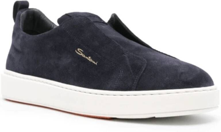 Santoni Marineblauwe Suède Logo Sneakers Blue Heren