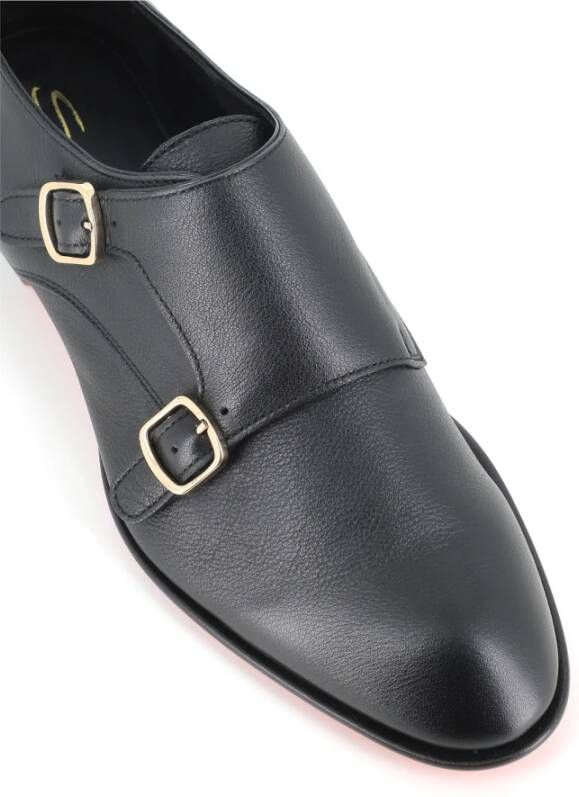 Santoni Zwarte Leren Dubbele Gespschoenen Black Heren