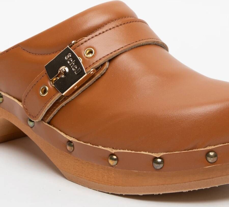 Scholl Houten Sandalen Bruin Leer Gesp Brown Dames
