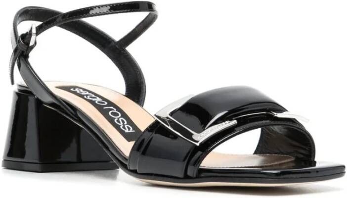 Sergio Rossi Zwarte Leren Middelhak Sandalen Black Dames