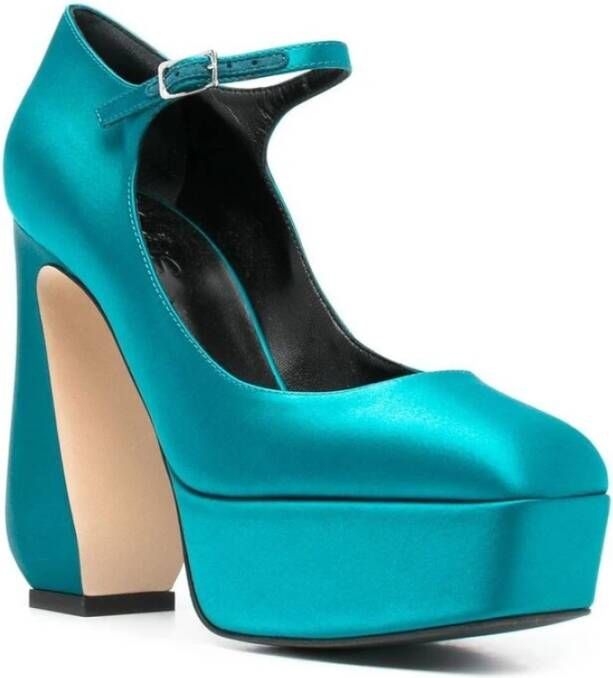 Sergio Rossi Teal Blauw Satijnen Platform Pumps Blue Dames