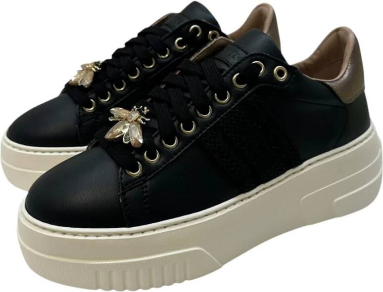 Stokton Zwarte leren sneaker met roségoud Black Dames