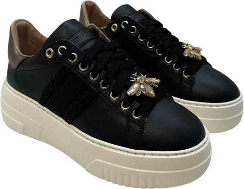 Stokton Zwarte leren sneaker met roségoud Black Dames