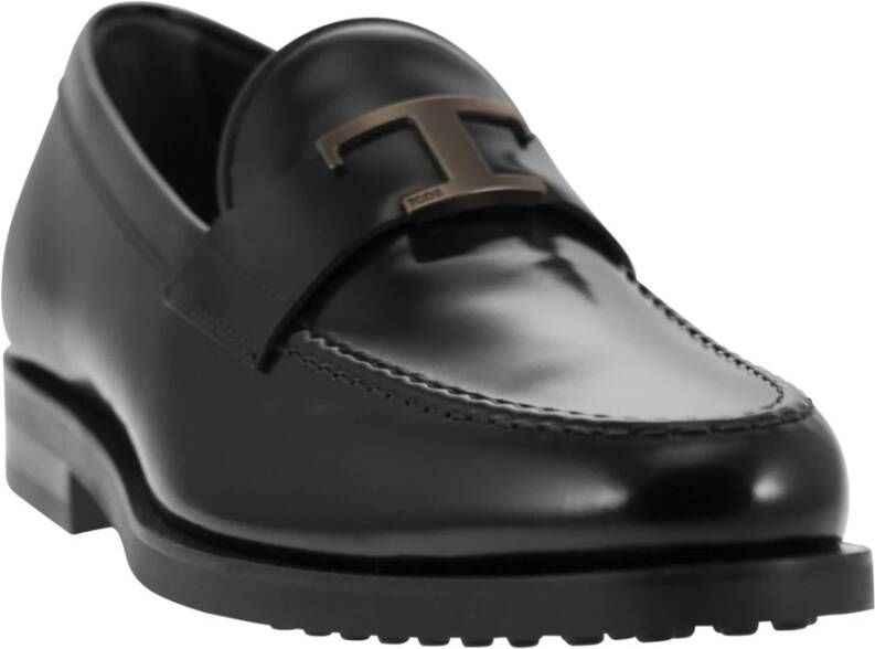 TOD'S Tijdloze leren instapper met aangepast metalen accessoire Black Heren