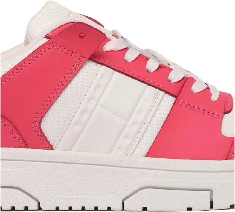 Tommy Hilfiger Witte Roze Leren Sneakers Vetersluiting