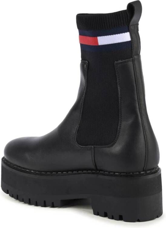 Tommy Hilfiger Zwarte Leren Plateau Enkellaarzen