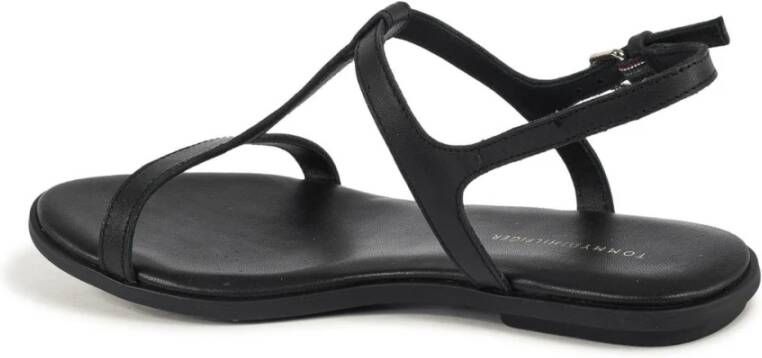 Tommy Hilfiger Zwarte Leren Platte Sandalen