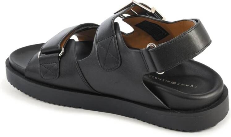 Tommy Hilfiger Zwarte Leren Platte Sandalen Gesp