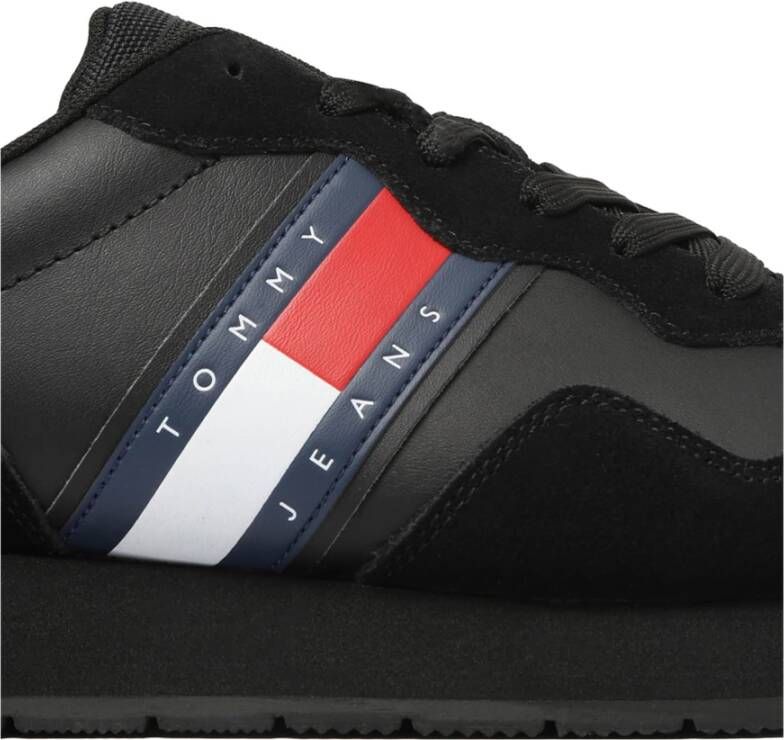 Tommy Hilfiger Zwarte leren sneakers met suède inzetstukken