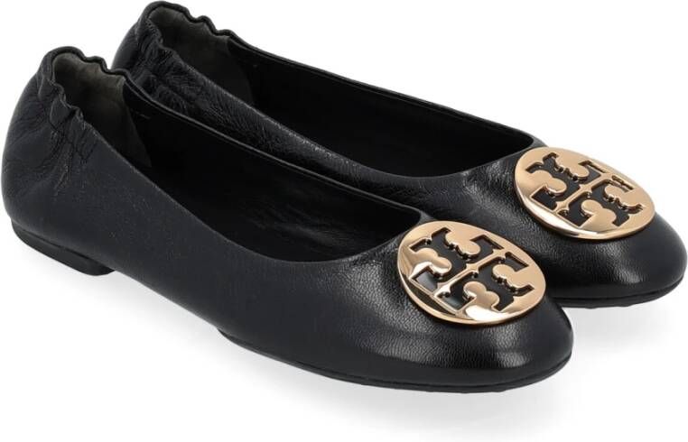 TORY BURCH Zwarte Leren Ballerina met Gouden Logo Zwart Dames