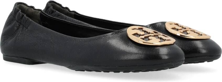 TORY BURCH Zwarte Leren Ballerina met Gouden Logo Zwart Dames