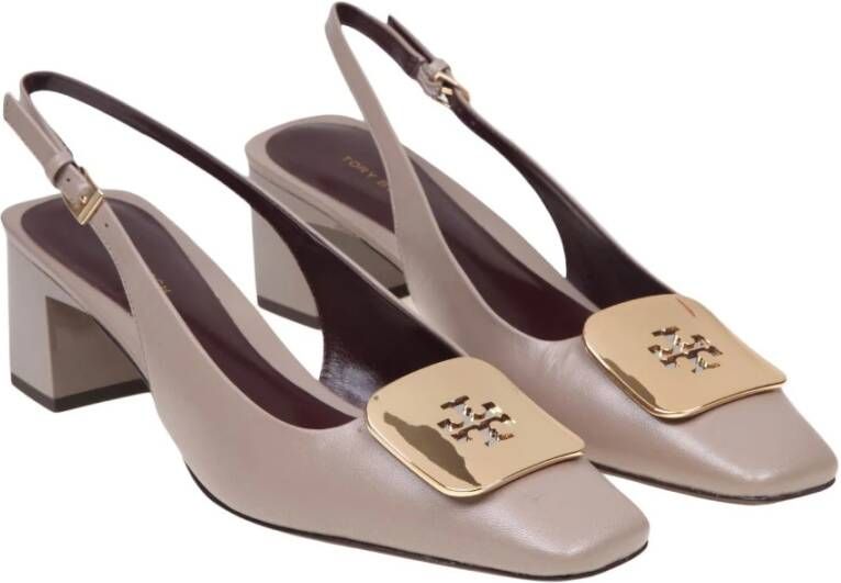 TORY BURCH Georgia Leren Slingback met Logo Plaat Gray Dames