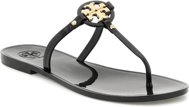 TORY BURCH Iconische Goudkleurige Double T Rubberen Teenslippers Black Dames