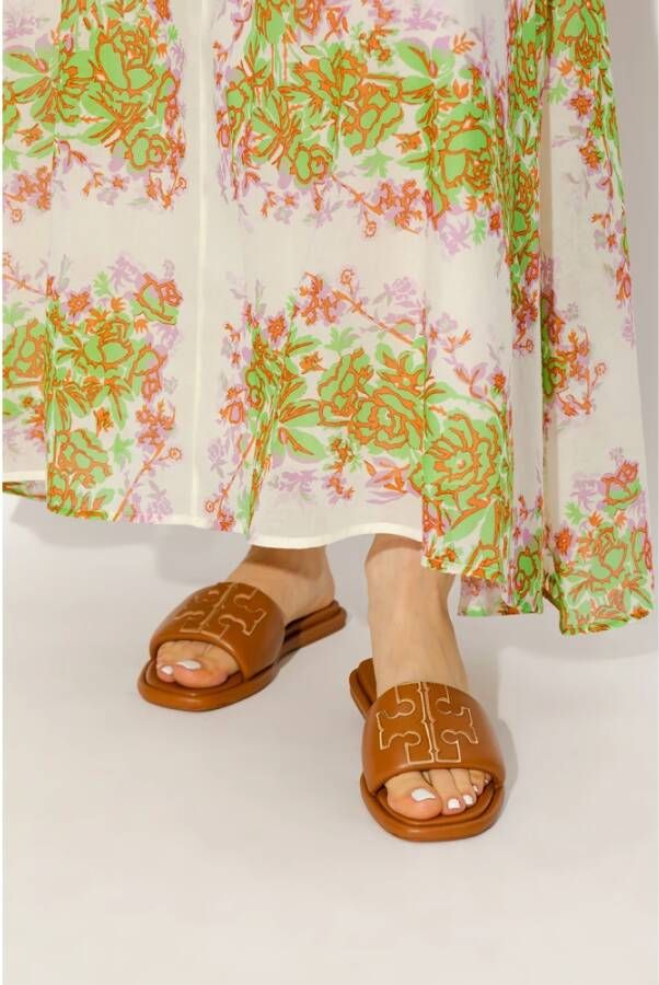 TORY BURCH Leren slippers met logo Bruin Dames