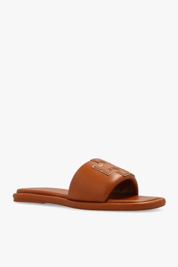 TORY BURCH Leren slippers met logo Bruin Dames