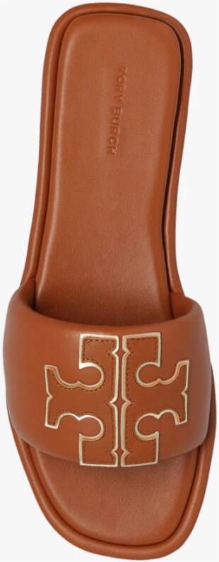 TORY BURCH Leren slippers met logo Bruin Dames