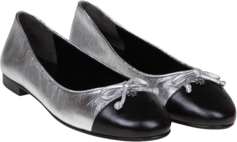 TORY BURCH Metallic Leren Ballerina Schoenen Zilver Zwart Multicolor Dames